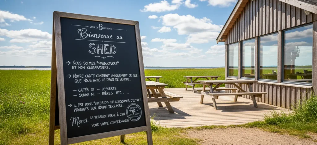 Panneau de bienvenue noir 'Bienvenue au Shed' devant une cabane en bois avec terrasse ensoleillée, offrant une vue sur un lac ou un estuaire et un champ verdoyant sous un ciel bleu