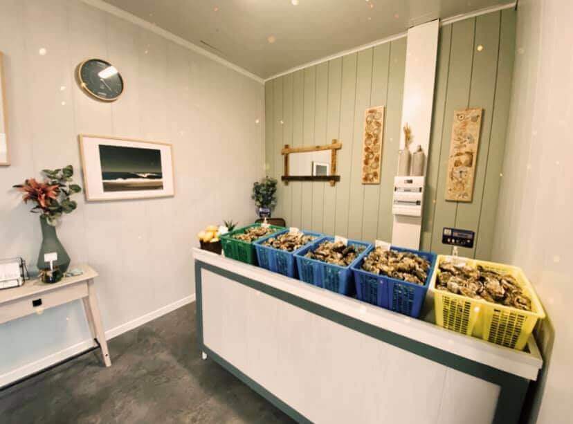 Intérieur rustique d'une cabane ostréicole avec des paniers d'huîtres fraîches exposées, prêtes à la vente ou à la dégustation, ambiance lumineuse et épurée