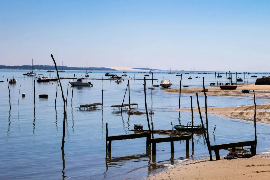 Vue panoramique sur le Bassin d'Arcachon avec de nombreux bateaux de pêche et de plaisance à marée basse, et la Dune du Pilat à l'horizon sous un ciel bleu clair