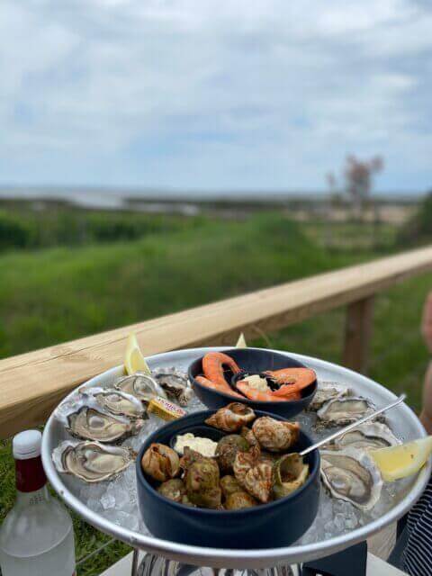 Grand plateau de fruits de mer frais composé d'huîtres, de crevettes roses et de bulots, servi sur de la glace avec des citrons et du beurre, sur une terrasse avec vue sur l'eau