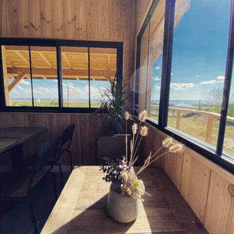Intérieur chaleureux du Shed avec murs en bois, tables et chaises rustiques, vue sur la terrasse extérieure et les marais à travers de grandes fenêtres, décoration avec des plantes séchées